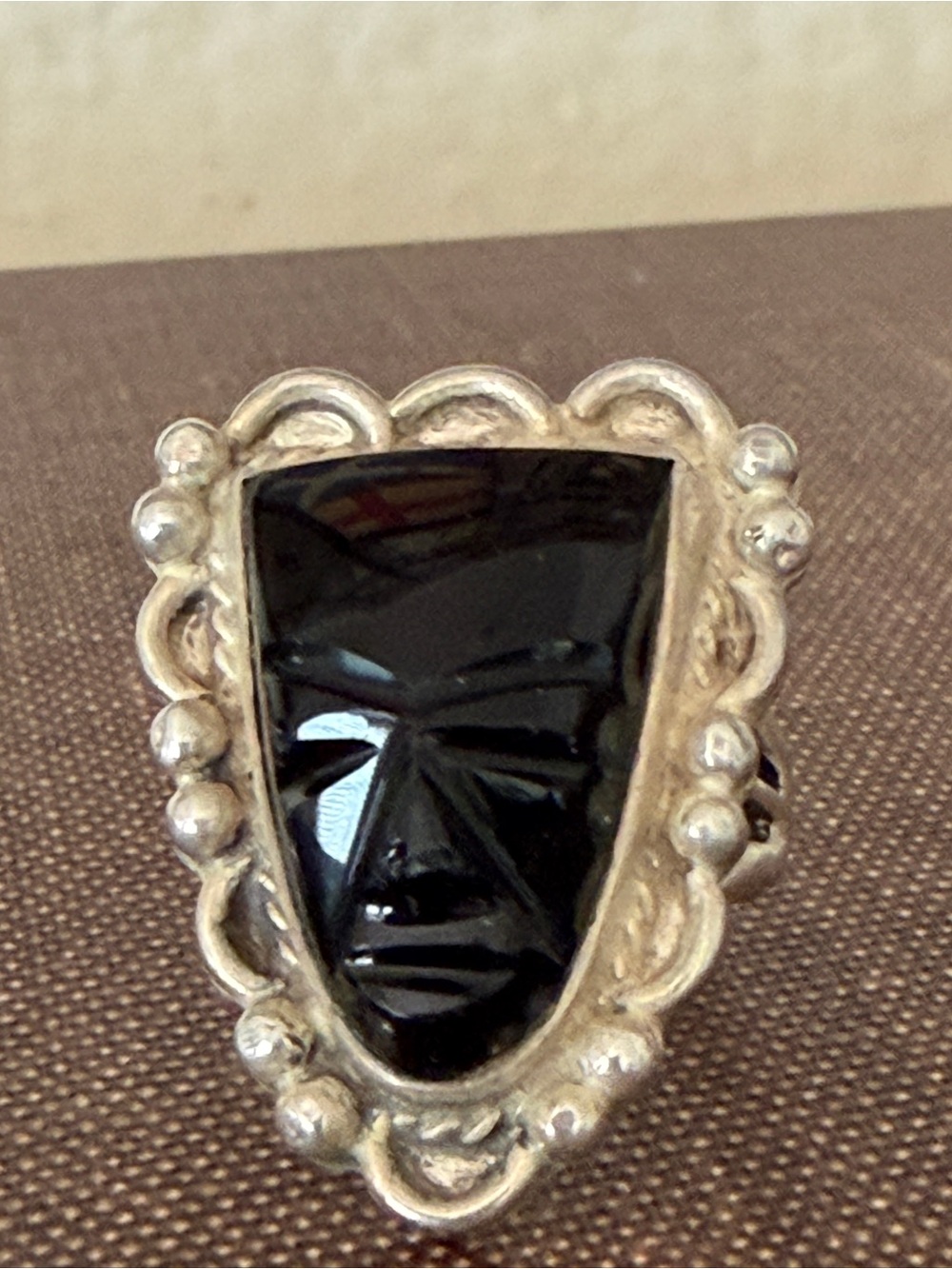 Vintage Sterling Silver Carved Black Onyx Aztec Warrior Mask Ring Size 5.5